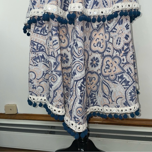 Tularosa Evolette Blue & White Paisley Pom-Pom Metallic Thread Mini Dress Size M - Picture 7 of 16